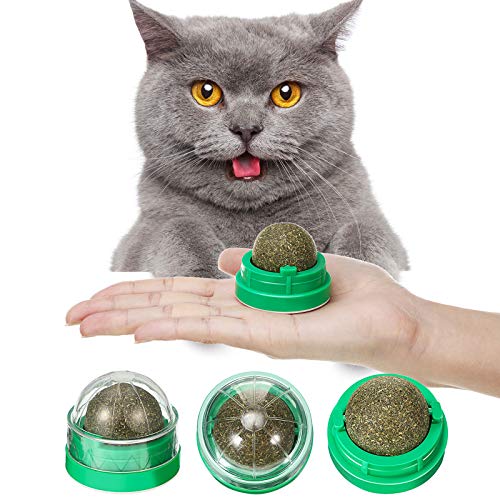Skylety 4 Piezas Juguetes de Bola de Hierba Gatera para Gatos Bolas Giratorias para Lametón de Hierba Gatera Autoadhesivas Comestibles Juguetes de Nébeda Naturales para Gato Gatito Mastica (Verde)