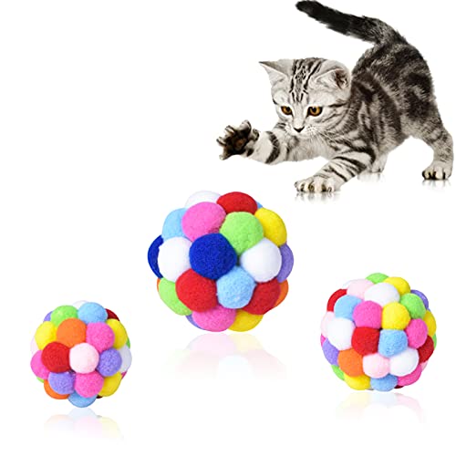 smatime Juguetes Gatos Bolas 3 Piezas Bolas Pompones de Gato con Campana Pelota Hinchable de Felpa Colorida para Mascotas Juguetes Masticar Juguetes interactivos para Gatos Gatito L M S
