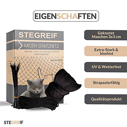 STEGREIF Red de protección reforzada con alambre, 8 x 3 metros, de material HDPE, juego completo que incluye para tu gato, perro y otras mascotas.