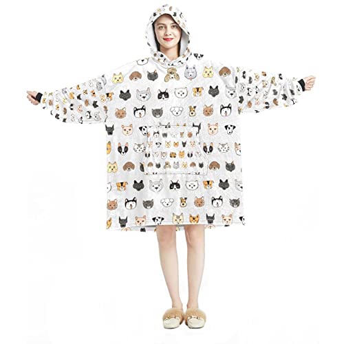 Sudadera con capucha de gran tamaño, manta de franela Sherpa con bolsillo para adultos, hombres, mujeres, gatos y perros, patrón de animales