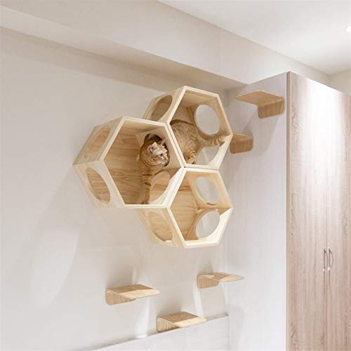 Tabla de rascar para gatos Hexagonal Montado en la pared de la plataforma de salto de gato con marco de escalada de gato de madera maciza Cama de gato de madera fácil de instalar madera de gato de mad