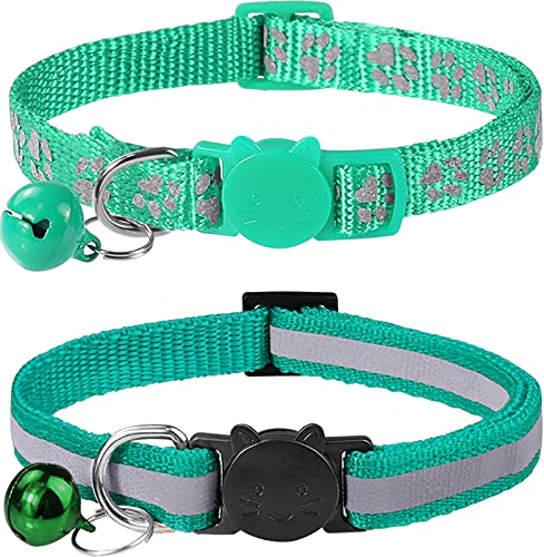 Taglory Collar Gato Reflectante, 2 Piezas Collares para Gatos con Cascabeles y Hebilla Seguro de Liberación Rápida, 19-32cm Turquesa