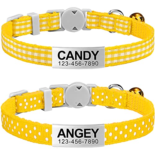 TagME Antiahogo Collar Gato, Collar para Gato Personalizado con Campana y Hebilla Seguro de Liberación Rápida, Amarillo, 2 Paquetes