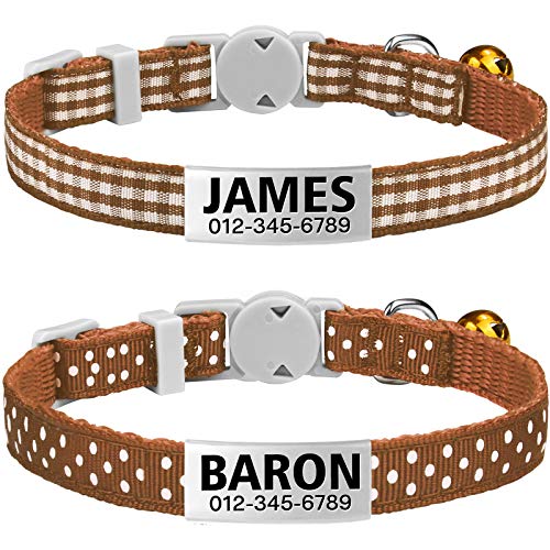TagME Antiahogo Collar Gato, Collar para Gato Personalizado con Campana y Hebilla Seguro de Liberación Rápida, Marrón, 2 Paquetes