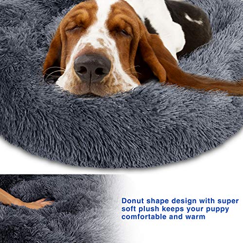 TAMOWA Cama Perro Suave Cama Gato Redonda, Camas de Gatos Perros de Donut con Parte Inferior Antideslizante, Cómodo Suave y Cálida Cama para Mascotas Gatos y Perros Pequeños, 80cm, Gris Oscuro