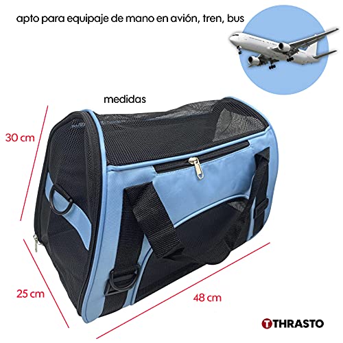 Thrasto - Transportin para Perro Gato. Mochila Bolso pequeño para el Transporte de Tus Mascotas, Medidas aptas para Viaje en Avion. con comedero Plegable y Bebedero portátil