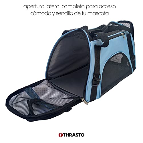 Thrasto - Transportin para Perro Gato. Mochila Bolso pequeño para el Transporte de Tus Mascotas, Medidas aptas para Viaje en Avion. con comedero Plegable y Bebedero portátil