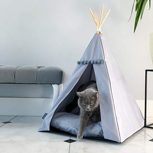 Tienda de campaña para gatos y perros. Cama tipo tipi Glamour en blanco y negro. Cama de lujo para gatos y perros, casa para mascotas (M, gris, gris)