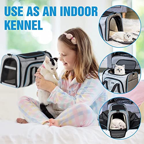 Transportín Perro Gato Expandible de Doble Cara, Bolsa de Transporte con Apertura Superior de Malla Transpirable, Jaula de Transporte para Mascotas Plegable con Alfombrilla de Extraíble (Gris,Azul)
