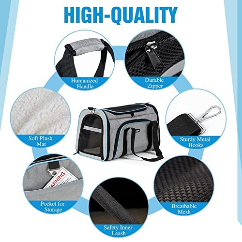 Transportín Perro Gato Expandible de Doble Cara, Bolsa de Transporte con Apertura Superior de Malla Transpirable, Jaula de Transporte para Mascotas Plegable con Alfombrilla de Extraíble (Gris,Azul)