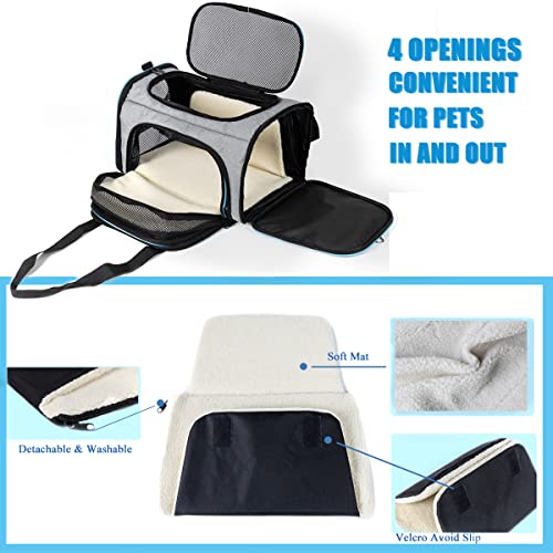 Transportín Perro Gato Expandible de Doble Cara, Bolsa de Transporte con Apertura Superior de Malla Transpirable, Jaula de Transporte para Mascotas Plegable con Alfombrilla de Extraíble (Gris,Azul)