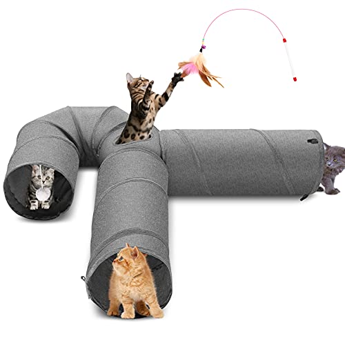 Túnel de gato grande de 3 vías plegable túnel para mascotas con bola de felpa y juguete de plumas, túnel de juego de gato en forma de U para gatos de interior, cachorro, gatito, conejo (gris)