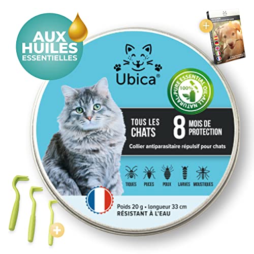 Ubica® Collar Antiparasitario Gatos - Collar Antipulgas Gatos - Anti Pulgas Gatos – Fórmula a Base de Aceites Esenciales de Citronela - 100% Resistente AL Agua – 3 Pinzas para Garrapatas Regalo