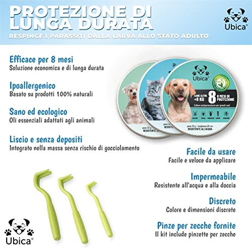 Ubica® Collar Antipulgas Perros Collar Antiparasitario Perros Grande (+8kg) – Fórmula de Aceites Esenciales de Citronela 100% Resistente AL Agua – 3 Pinzas para Garrapatas y un E-Book gratis