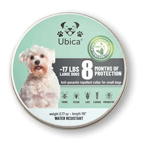 Ubica® Collar Antipulgas Perros Collar Antiparasitario Perros Pequeño (-8kg) – Fórmula de Aceites Esenciales de citronela 100% Resistente AL Agua – 3 Pinzas para Garrapatas y un E-Book gratis