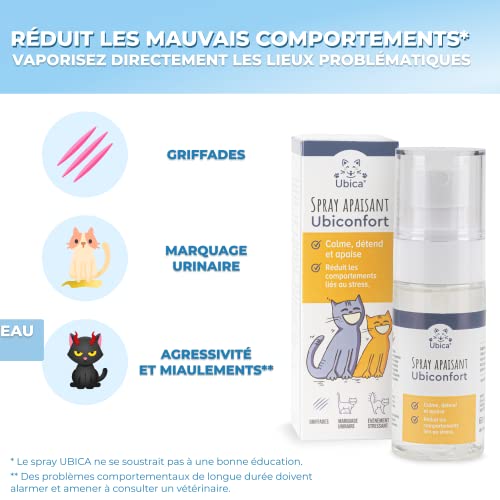 Ubiconfort - Aerosol antiestresante para gatos | Pheromones Gato | Cabrehoja y Aceite | Para Hogar, Transporte, Viaje, Veterinario | + 400 pulverizaciones | 60 ml