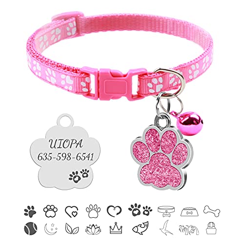 Uiopa Collar Gato, Chapa Perro Grabada, Personalizado Collar Perro Pequeño con Campana, Huellas Colla & Etiquetas de Identificación para Gatos Perros Mascotas Pequeños, Ajustable 19-32cm (Rosa)