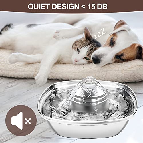Vakdon Fuente para Gatos, Bebedero Gatos de Acero Inoxidable, 2,6L Silencioso Fuente de Agua para Gatos Perros, Dispensador de Agua Perros, Nivel de Agua Visible, con Filtro (Cuadrado)