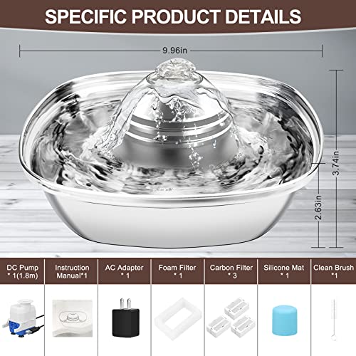 Vakdon Fuente para Gatos, Bebedero Gatos de Acero Inoxidable, 2,6L Silencioso Fuente de Agua para Gatos Perros, Dispensador de Agua Perros, Nivel de Agua Visible, con Filtro (Cuadrado)