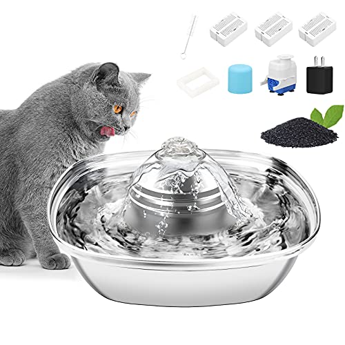 Vakdon Fuente para Gatos, Bebedero Gatos de Acero Inoxidable, 2,6L Silencioso Fuente de Agua para Gatos Perros, Dispensador de Agua Perros, Nivel de Agua Visible, con Filtro (Cuadrado)