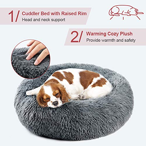 Vanansa Cama mediana para gatos y cachorros de interior, lavable a máquina, redonda esponjosa, antideslizante para dormir con sonido y calor, color gris oscuro 60 cm
