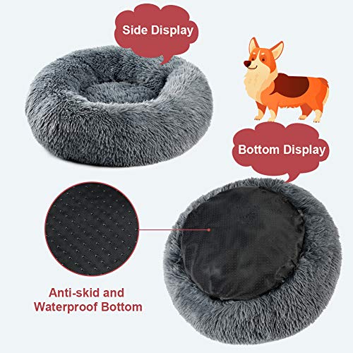 Vanansa Cama mediana para gatos y cachorros de interior, lavable a máquina, redonda esponjosa, antideslizante para dormir con sonido y calor, color gris oscuro 60 cm