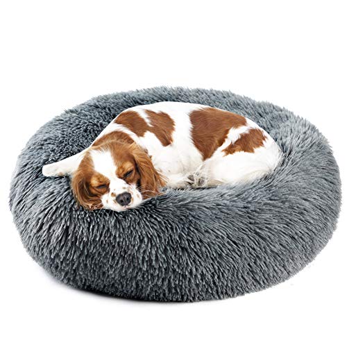 Vanansa Cama mediana para gatos y cachorros de interior, lavable a máquina, redonda esponjosa, antideslizante para dormir con sonido y calor, color gris oscuro 60 cm