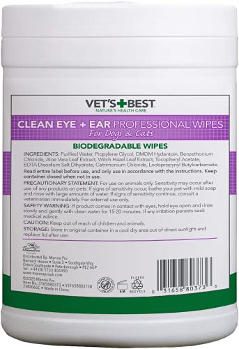 Vet's Best Limpiar Ojos & Orejas Toallitas Profesionales para Perros Y Gatos - 160 Toallitas