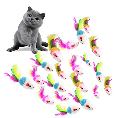 VIKSAUN 20 Pcs Juguetes para Gato, Peludo Ratones Gato Juguete , Sonajero Pequeño Ratón Juguetes, Simulación Juguete de Ratón con Plumas Colores Variados, Gato Juguete Interactivo