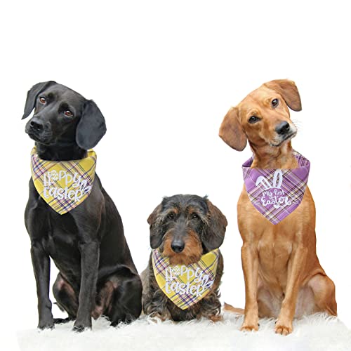 WANDIC Pañuelo decorativo para mascotas de Pascua, 2 unidades, color morado y amarillo clásico, diseño de cuadros, triángulo, babero para mi primera Pascua, feliz, Pascua