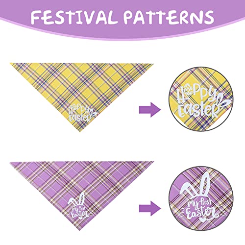 WANDIC Pañuelo decorativo para mascotas de Pascua, 2 unidades, color morado y amarillo clásico, diseño de cuadros, triángulo, babero para mi primera Pascua, feliz, Pascua