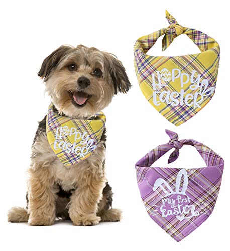 WANDIC Pañuelo decorativo para mascotas de Pascua, 2 unidades, color morado y amarillo clásico, diseño de cuadros, triángulo, babero para mi primera Pascua, feliz, Pascua