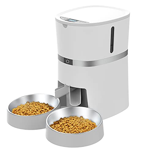 WellToBe Comederos automáticos de Mascotas para Perros y Gatos, dispensador de Comida para Gatos y Perros pequeños&Grande con Doble tazón, hasta 6 Comidas con Control de porciones, grabadora de Voz