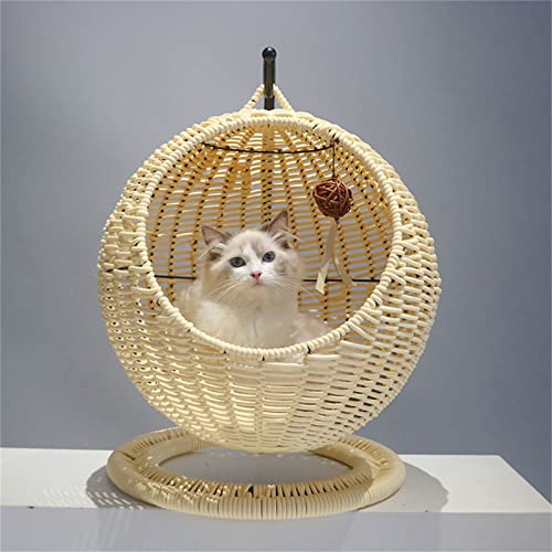 WRNM Cesta De Cama De Mimbre para Gatos Hecha A Mano, Nido De Casa para Mascotas Oscilante para Perros Pequeños Y Gatos con Cojín,Apricot Color