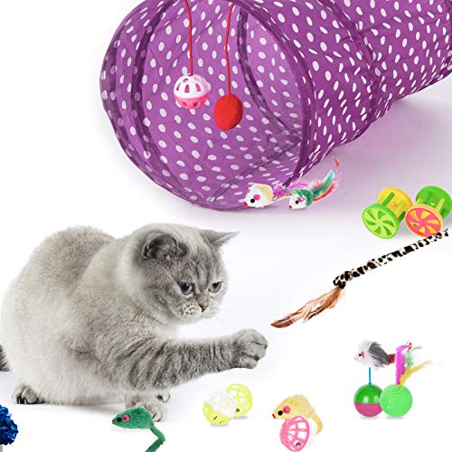 WUERQIE Juego de Juguetes para Gatos, Juguetes Interactivos con Plumas, que Incluyen Túnel para Gatos, Ratones y Varias Pelotas para Gatos, Campanas, Resortes, Hierba Gatera, etc. (35 piezas)