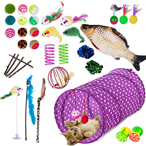 WUERQIE Juego de Juguetes para Gatos, Juguetes Interactivos con Plumas, que Incluyen Túnel para Gatos, Ratones y Varias Pelotas para Gatos, Campanas, Resortes, Hierba Gatera, etc. (35 piezas)