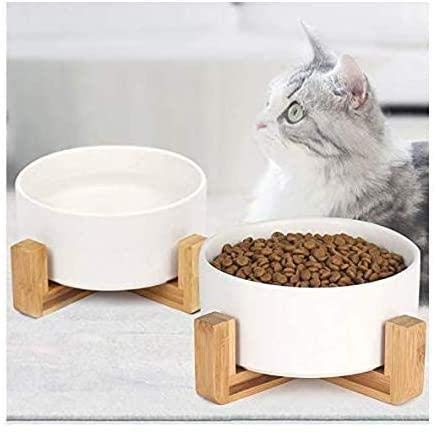 WUHUAROU Cuenco de cerámica para mascotas pequeño con vajilla de madera, postre, cuenco de cerámica pequeño para gatos y perros (gris)