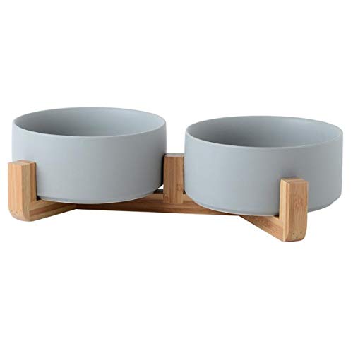 WUHUAROU Cuenco de cerámica para mascotas pequeño con vajilla de madera, postre, cuenco de cerámica pequeño para gatos y perros (gris)
