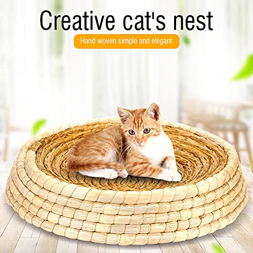 xueren Cama de gato lavable cesta de gato, cesta tejida de ratán para mascotas y gatos, cama de paja para rascador, cama redonda para interior de gatos resistente a la masticación