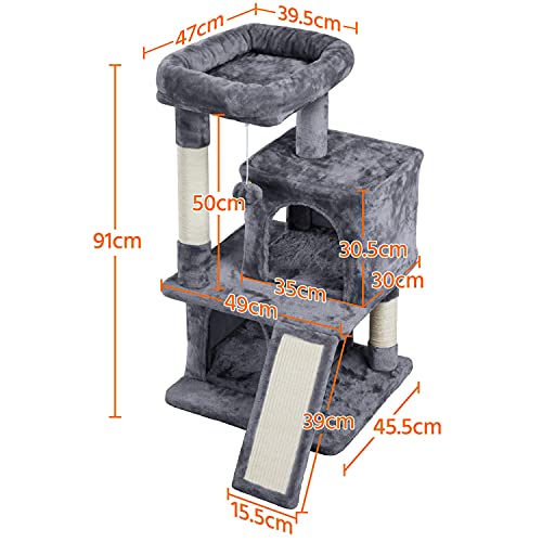 Yaheetech - Árbol rascador para gatos (91 cm de alto, con 2 casetas y gran plataforma de vista, para gatos pequeños (gris oscuro)