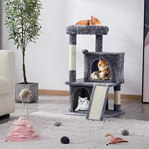 Yaheetech - Árbol rascador para gatos (91 cm de alto, con 2 casetas y gran plataforma de vista, para gatos pequeños (gris oscuro)