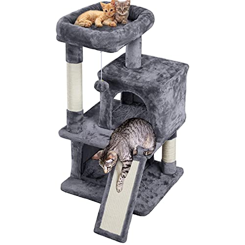 Yaheetech - Árbol rascador para gatos (91 cm de alto, con 2 casetas y gran plataforma de vista, para gatos pequeños (gris oscuro)