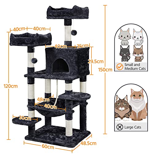 Yaheetech Rascador para Gatos Altura 147 cm Arbol para Gatos Grande Castillo Mascota con Hamaca Juguete de Gatos de Sisal Natural Negro