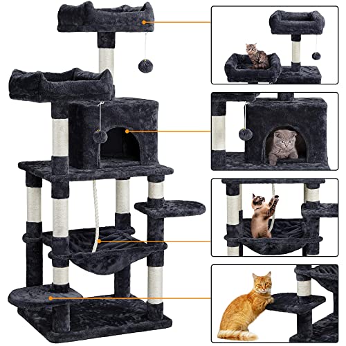 Yaheetech Rascador para Gatos Altura 147 cm Arbol para Gatos Grande Castillo Mascota con Hamaca Juguete de Gatos de Sisal Natural Negro