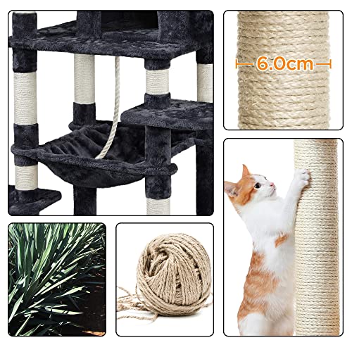Yaheetech Rascador para Gatos Altura 147 cm Arbol para Gatos Grande Castillo Mascota con Hamaca Juguete de Gatos de Sisal Natural Negro