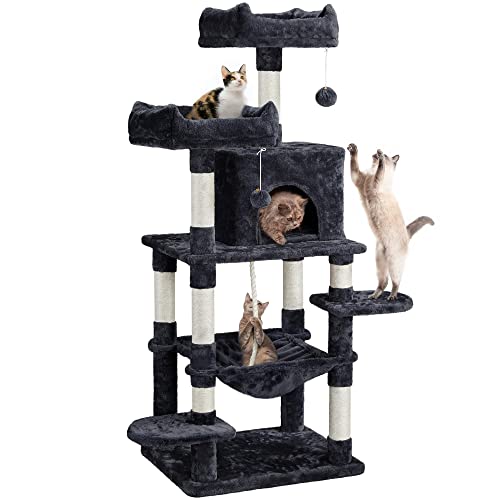 Yaheetech Rascador para Gatos Altura 147 cm Arbol para Gatos Grande Castillo Mascota con Hamaca Juguete de Gatos de Sisal Natural Negro