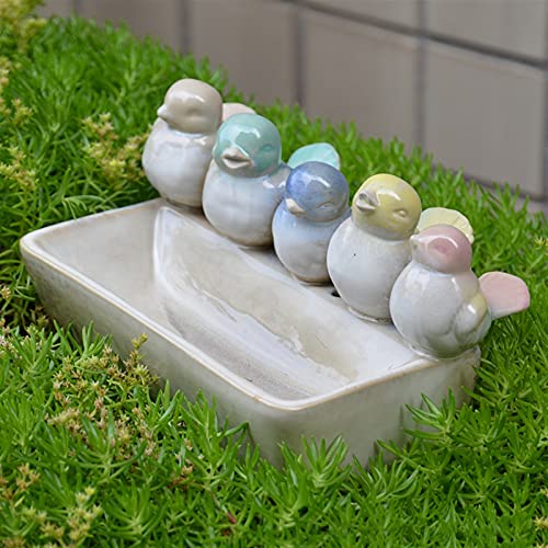 YAOLUU Comedero Exterior para Pájaros Rectángulo Cinco pájaros cerámica Aves alimentador de Aves Europeo casero jardín decoración Crema Verde Azul Amarillo Rosa pájaros joyería