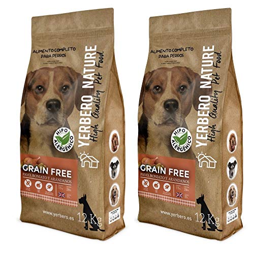 YERBERO Nature Grain Free de Pavo 2 uds de 12 kg de Comida SIN Cereales para Perros.
