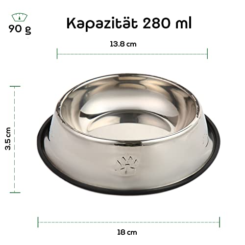 ZAH - Comedero para gatos, perros pequeños, cachorros, gatos, comedero para mascotas, juego de 2 cuencos de acero inoxidable con anillo de goma antideslizante, juego de 2 cuencos para gatos (18 cm)