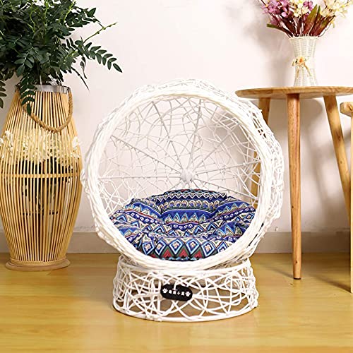 Zxcvbnn Woven Rattan Elevated Cat Bed Gatito Cesta Mascota Den.Casa acogedora de la casa con cúpula Suave del cojín 50x50x50cm, Blanco